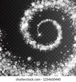 Christmas Vector Magic Swirling Snow Effect with Realistic Bright Silver Snowflakes and Lights Overlay on Transparent Background. Merry Xmas and Happy New Year Holidays Abstract Illustration