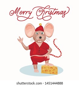 Christmas vector mouse card. Cartoon illustration with mice and cheese slice. Merry Christmas lettering.