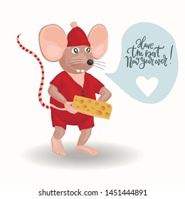 Christmas vector mouse card. Cartoon illustration with mice and cheese slice. Have the best New Year ever.