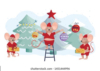 Christmas vector mouse card. Cartoon illustration. Holiday illustraton with rats decorating tree.