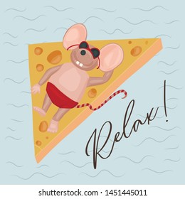 Christmas vector mouse card. Cartoon illustration with mice and cheese slice. Relax lettering.