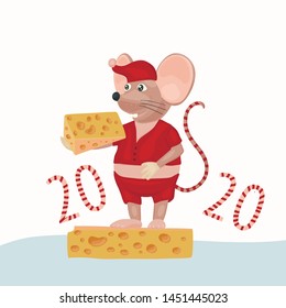 Christmas vector mouse card. Cartoon illustration with mice and cheese slice.