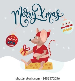 Christmas vector mouse card. Cute mice with cheese and lettering quote. Merry Xmas.
