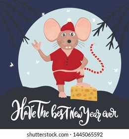 Christmas vector mouse. Cartoon illustration. Cute mice with cheese and lettering quote. Have the best New Year ever.