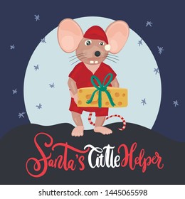 Christmas vector mouse. Cartoon illustration. Cute mice with cheese and lettering quote. Santas little helper.