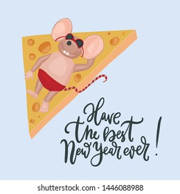 Christmas vector mouse. Cartoon illustration. Christmas vector mouse. Cartoon illustration. Cute mice with cheese and lettering quote. Have the best New Year ever.