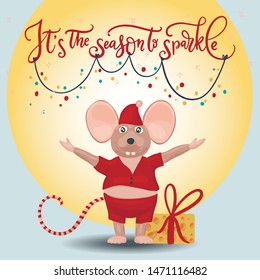 Christmas vector mouse. Cartoon illustration. Cute mice with cheese and lettering quote. It is the season to sparkle.