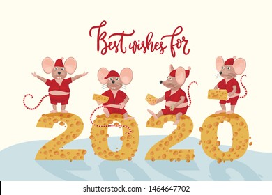 Christmas vector mouse postcard. Cartoon illustration. 2020 New Year card with cute rats and cheese.