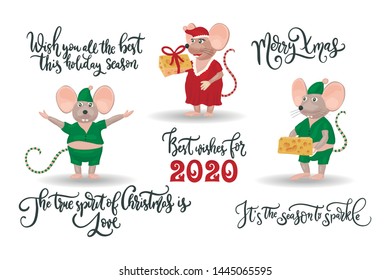 Christmas vector mouse and quotes set. Cartoon illustration with rat and lettering quotes.