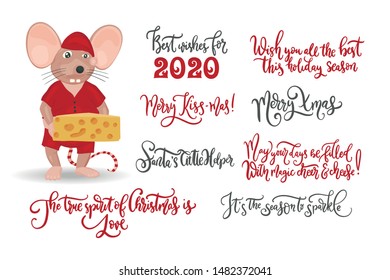 Christmas vector mouse and quotes set. Cartoon illustration with rat and lettering quotes.