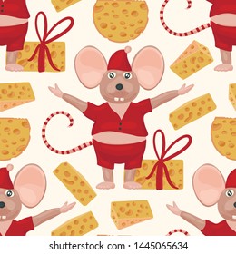 Christmas vector mouse seamless pattern. Cartoon holiday illustration. Cute happy rat with cheese gifts.