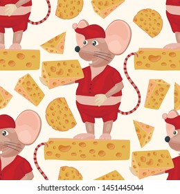 Christmas vector mouse seamless pattern. Cartoon holiday illustration. Cute happy rat with cheese gifts.