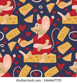 Christmas vector mouse seamless pattern. Cartoon holiday illustration. Cute happy rat with cheese gift and hearts.