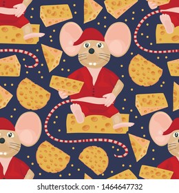 Christmas vector mouse seamless pattern. Cartoon holiday illustration. Cute happy rat with cheese gift.