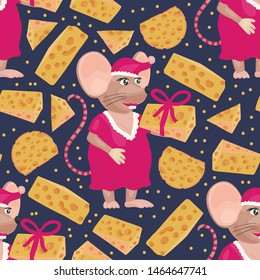 Christmas vector mouse seamless pattern. Cartoon holiday illustration. Cute rat girl with cheese.