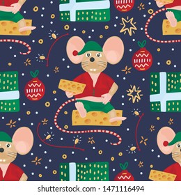 Christmas vector mouse seamless pattern. Cartoon holiday illustration. Cute happy rat with cheese gifts.