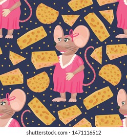 Christmas vector mouse seamless pattern. Cartoon holiday illustration. Cute rat girl with cheese.