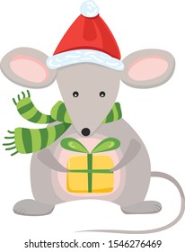 Christmas vector mouse with yellow gift. Symbol 2020 year. Chrismas animal with scarf and hat.