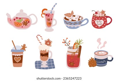 Christmas Vector mugs teapot with hot drinks for winter holidays, cocoa, coffee and tea with Christmas treats, cream, gingerbread, cookies, marshmallows, cinnamon berries, lemon
