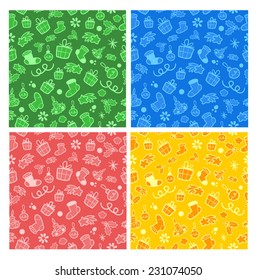 Christmas vector objects seamless pattern in four colors (blue, green, yellow and red background with christmas parafrenalia)