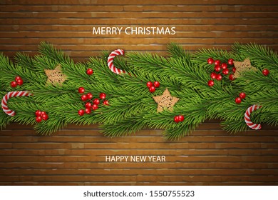Christmas Vector on Brick Background With Wishes, Pine Branches, Berries, Wooden Stars, Candy Canes and Garlands. Useful for Greeting Card, Poster and Banner.