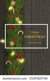 Christmas Vector on Dark Wooden Background With Wishes, Pine Branches, Berries, Wooden Stars, Candy Canes and Garlands. Useful for Greeting Card, Poster and Banner.