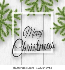 Christmas vector on white wooden background with wishes, pine flakes and snowflakes. For greeting card, poster and banner.