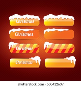 Christmas vector orange glossy buttons set on classic red background. web orange christmas sale buttons with snow, ice border and christmas text