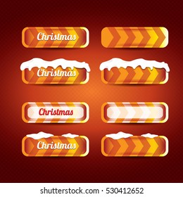 Christmas vector orange glossy buttons set on classic red background. web orange christmas sale buttons with snow, ice border and christmas text