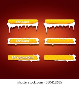 Christmas vector orange glossy buttons set on classic red background. web orange christmas sale buttons with snow, ice border and christmas text