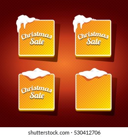 Christmas vector orange glossy buttons set on classic red background. web orange christmas sale buttons with snow, ice border and christmas text