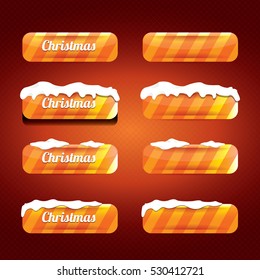 Christmas vector orange glossy buttons set on classic red background. web orange christmas sale buttons with snow, ice border and christmas text
