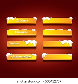 Christmas vector orange glossy buttons set on classic red background. web orange christmas sale buttons with snow, ice border and christmas text