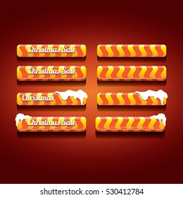 Christmas vector orange glossy buttons set on classic red background. web orange christmas sale buttons with snow, ice border and christmas text