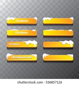 Christmas vector orange glossy buttons set with transparent shadow. web orange christmas buttons with snow, ice border and merry christmas text