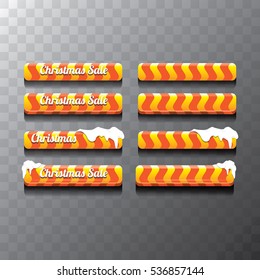 Christmas vector orange glossy buttons set with transparent shadow. web orange christmas buttons with snow, ice border and merry christmas text