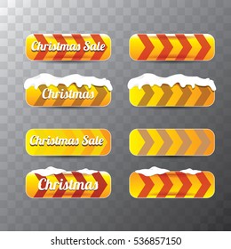 Christmas vector orange glossy buttons set with transparent shadow. web orange christmas buttons with snow, ice border and merry christmas text