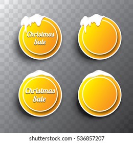 Christmas vector orange glossy buttons set with transparent shadow. web orange christmas buttons with snow, ice border and merry christmas text