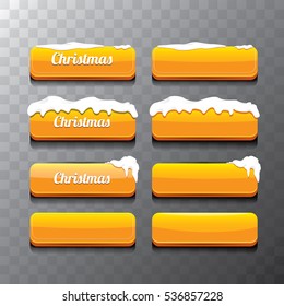 Christmas vector orange glossy buttons set with transparent shadow. web orange christmas buttons with snow, ice border and merry christmas text