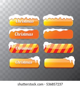 Christmas vector orange glossy buttons set with transparent shadow. web orange christmas buttons with snow, ice border and merry christmas text