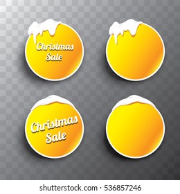 Christmas vector orange glossy buttons set with transparent shadow. web orange christmas buttons with snow, ice border and merry christmas text