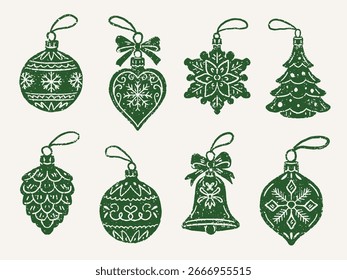 Christmas vector ornament set with textured details. Baubles, bell, fir tree, pine cone and decorative pendants in monochrome hand drawn style
