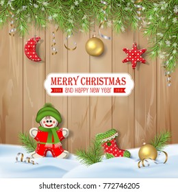Christmas vector ornaments, textile toys and branches of fir tree with hanging decorations on a snowy wooden plank background