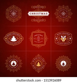 Christmas vector ornate labels and badges set, happy new year and winter holidays wishes typography for greeting cards, gifts and banners, ornament decoration design elements. Vector illustration.