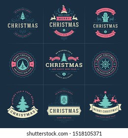 Christmas vector ornate labels and badges set, happy new year and winter holidays wishes typography for greeting cards, gifts and banners, ornament decoration design elements. Vector illustration.