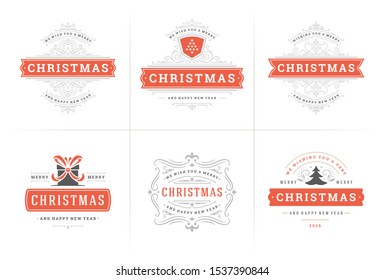 Christmas vector ornate labels and badges set, happy new year and winter holidays wishes typography for greeting cards, gifts and banners, ornament decoration design elements. Vector illustration.