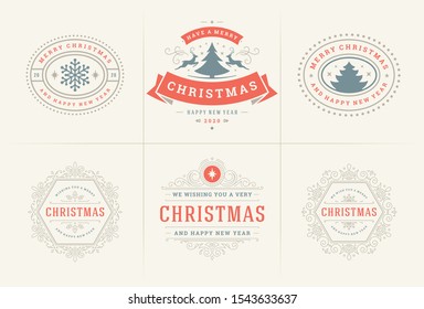 Christmas vector ornate labels and badges set, happy new year and winter holidays wishes typography for greeting cards, gifts and banners, ornament decoration design elements. Vector illustration.