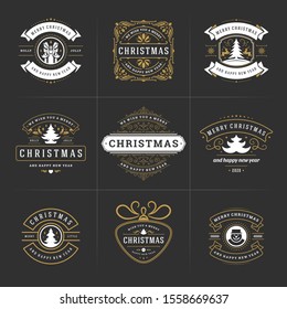 Christmas vector ornate labels and badges set, happy new year and winter holidays wishes typography for greeting cards, gifts and banners, ornament decoration design elements. Vector illustration.