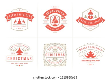 Christmas vector ornate labels and badges set with happy new year holidays wishes typography for greeting cards, gifts and banners, ornament decoration design elements. Vector illustration.