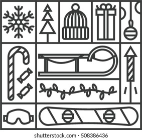 Christmas, vector outline illustration, icon set: snow, tree, hat, gift, christmas ball, candy,  garland, sled, rocket, snowboard